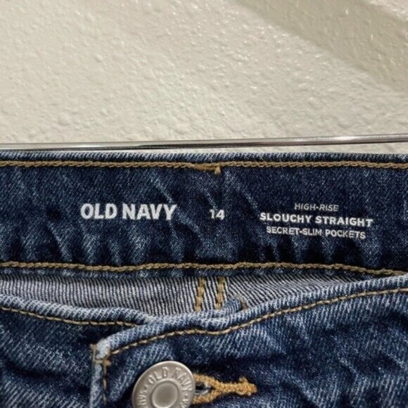 Old Navy High Rise Slouchy Straight Jean Distressed Button Fly Dark Wash - Picture 6 of 9